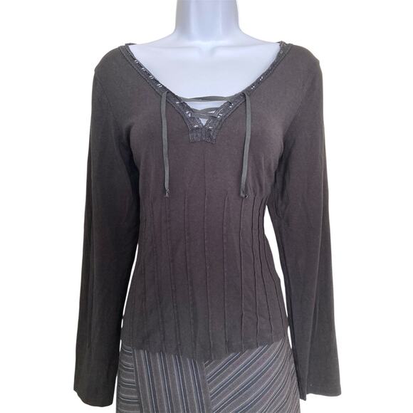 Vintage 90s Y2k Goth Boho Grunge Lace Up Ribbon Black Stretch Knit Top Size M/L - Picture 1 of 6